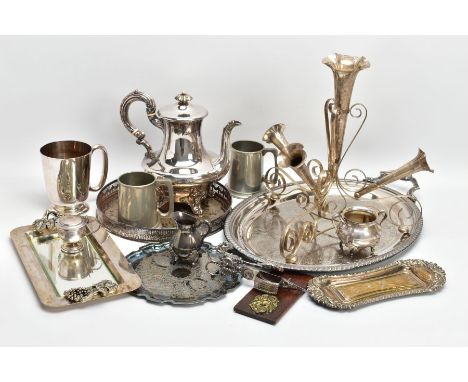 A BOX OF ASSORTED WHITE METAL WARE, to include a silver-plated teapot, a white metal floral centre piece, an EPNS tankard wit