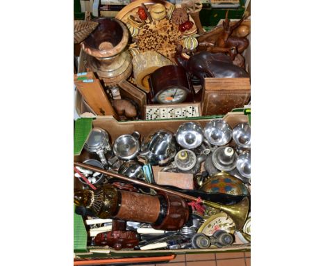 TWO BOXES AND LOOSE METALWARES, TREEN, CLOCK AND SUNDRY ITEMS, to include a small mantel clock, height 18cm, width 17.5cm, de