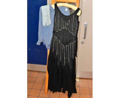 A 1920S BEADED EVENING DRESS, VINTAGE BLOUSE AND GLOVES, 1920s black evening dress with rows of diamantes and silver seed bea