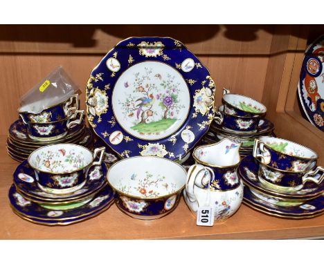 A SPODE COPELAND'S CHINA TEA SET, PATTERN NO. R4105, retailed by 'T.F. LUMB &amp; CO 39 NORTH PARADE, BRADFORD', blue and gil