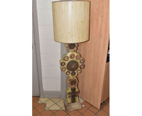 A BERNARD ROOKE STONEWARE STANDARD LAMP, of totem style with incised and impressed flower like motifs on a rectangular tiered