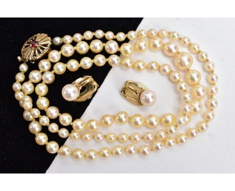 A CULTURED PEARL STRAND AND EARRINGS, one hundred and four white pearls graduating in size, approximate pearl diameter 3mm to