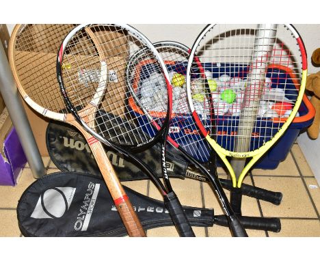 SIX TENNIS/SQUASH RACQUETS AND A BASKET OF GOLF BALLS, comprising Wilson Cobra, Slazenger Xcel 360 and Olympus Ti squash racq