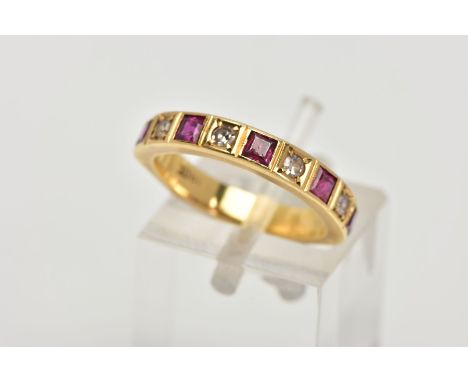 A DIAMOND AND RUBY HALF ETERNITY RING, five square cut rubies and four round brilliant cut diamonds set in a yellow metal ban