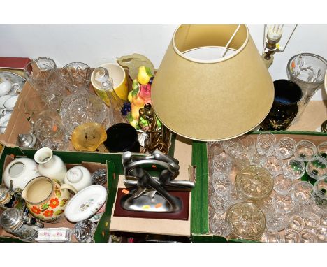 FOUR BOXES AND LOOSE CERAMICS, GLASSWARE, TABLE LAMPS AND HOME DECOR ITEMS, to include a twenty piece Royal Doulton Bruce Old