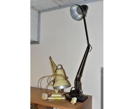 TWO VINTAGE HERBERT TERRY ANGLEPOISE LAMPS, a black painted example on stepped square base, oval trademarks, lacks fittings i
