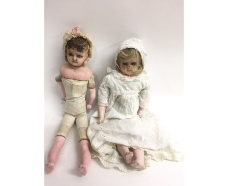 Two wax head composite dolls both with cloth bodies and glass eyes, one with head impressed Charles Marsh 1878, handwritten p