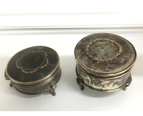 Two silver and tortoiseshell trinket boxes, one a/f