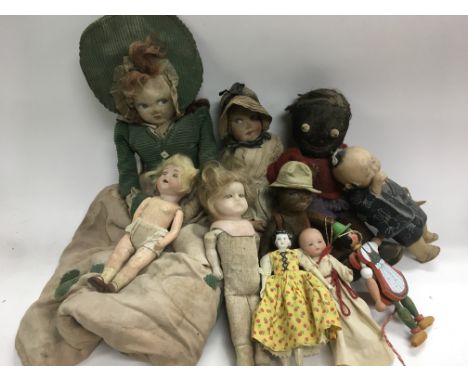Two vintage rag dolls and six other smaller dolls and two felt dolls (10).