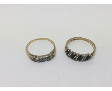 Two gold rings, one set with alternating diamonds and sapphires and one set with five small diamonds, approx 4.1g and approx 