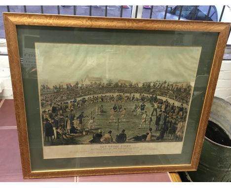 A large 19th century coloured boxing print, 'The Great Fight',painted by H.Heath, engraved by C.Hunt.Approx 74x85.5cm