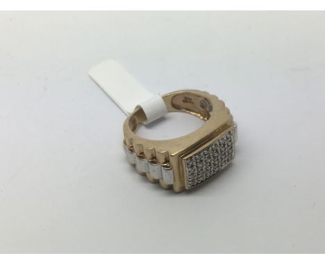 A 9ct gold pave set ring with Rolex style bracelet shoulders, approx 6.4g and approx size M.
