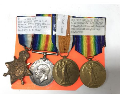 A British War Medal, two Victory Medals and a 1914-15 Star. Awarded to 1983 Pte. E. Ede. The Queen's R &amp; L-6988 Pte. W. E