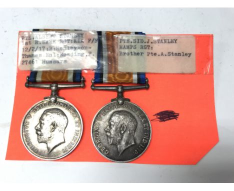 A pair of WW1 British War medals for the 'Stanley' brothers. 28297 Pte. A. Stanley. R. War. P. &amp; 45211 Pte. S. J. Stanley
