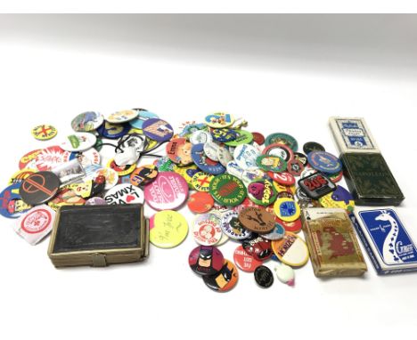 A collection of assorted pin badges, four packs of vintage cards and a small Victorian bible