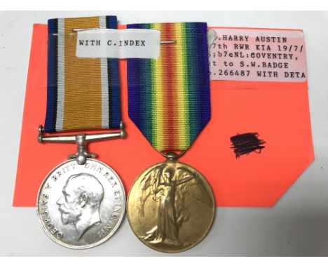 A British War Medal and a Victory Medal from WW1 awarded to 266487 Pte. H. Austin. R. War. R. (K.I.A)