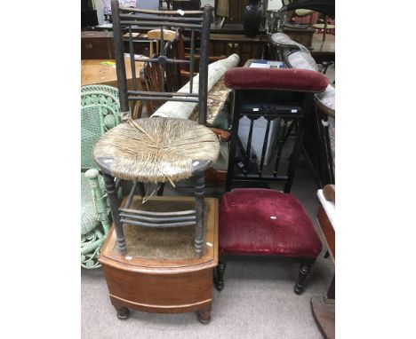 A rush seated chair, an ebonised chair with red upholstered seat and head rest plus a commode (3).