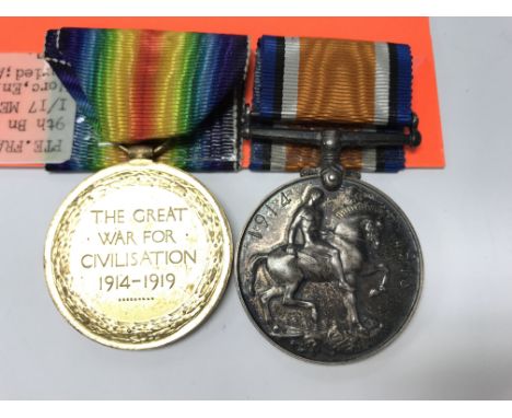 A WW1 British War Medal together with a Victory medal awarded to 30841 Pte. F. J. Harris. Worc-R.