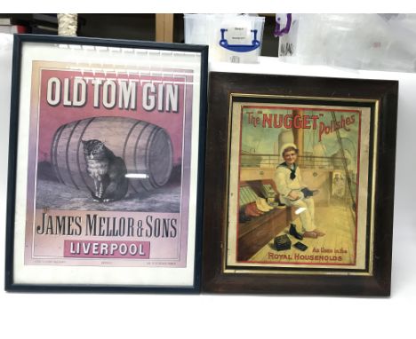 A pair of framed vintage reprint signs for 'The Nugget Polishes' &amp; 'Old Tom Gin' together with three wooden shop counter 