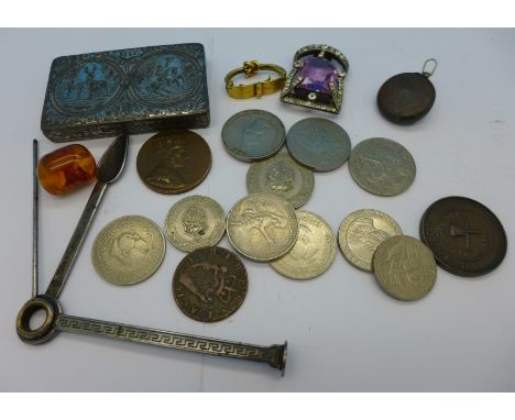A snuff box by James Dixon, coins, etc.