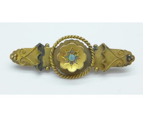 A 9ct gold, opal and diamond set brooch, Chester hallmark, 2.7g, a/f
