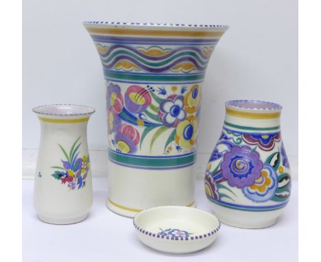 Four items of Poole Pottery, large vase, two smaller vases and a dish, crazing to large vase