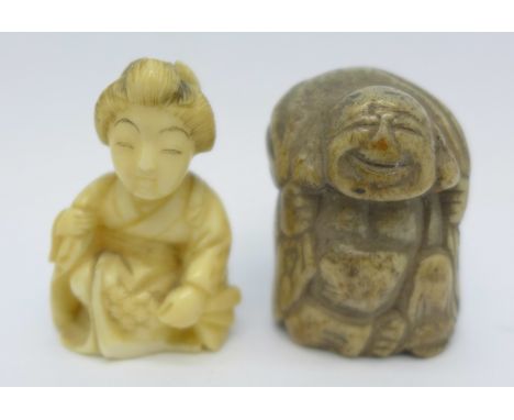 A 19th Century carved antler netsuke and a carved ivory figure of a lady