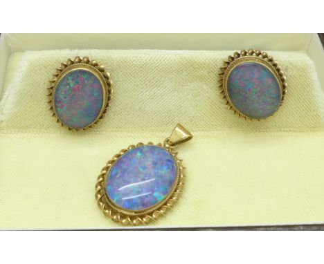 A pair of 9ct gold and opal earrings and a similar pendant, 8.6g