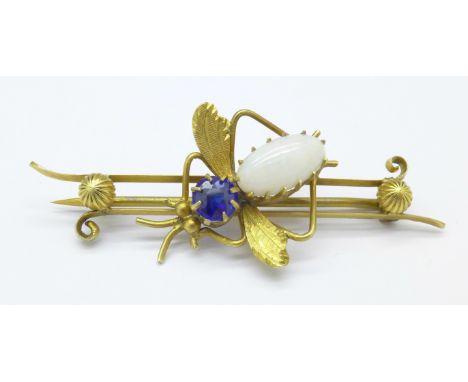 A 9ct gold, opal and blue stone bee brooch, 4g