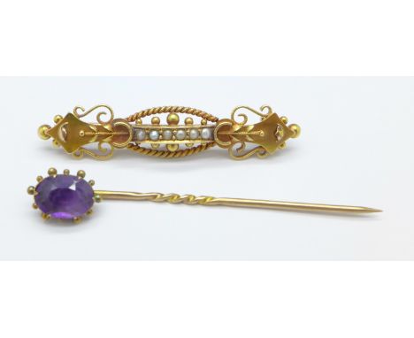 A Victorian 15ct gold and seed pearl brooch, Chester 1897 and a 15ct gold and amethyst stick pin, 4.3g