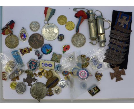 Badges, medals, whistles, etc., including a silver and enamel fob, an enamelled Royal Engineers badge, lacking pin and a LMS 