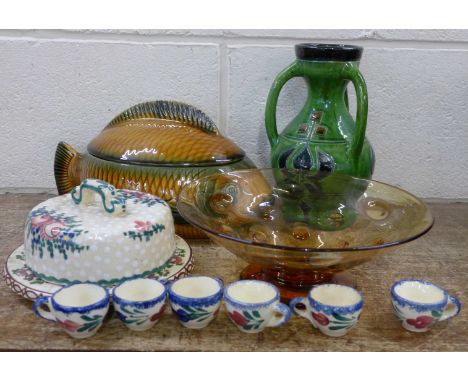 A majolica vase, a cheese dish, a Sarreguemines lidded fish dish, a Webb glass bowl and six small French cups