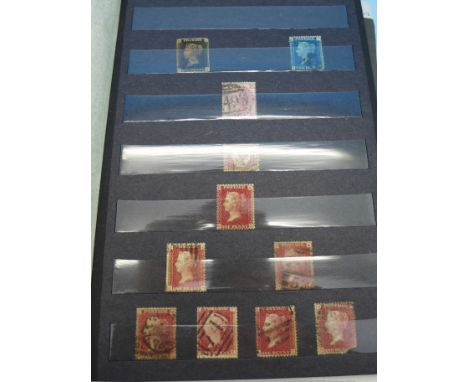 An album of stamps including Victorian penny black, seven penny reds, one ½d, green halfpenny, other Victorian, George V incl