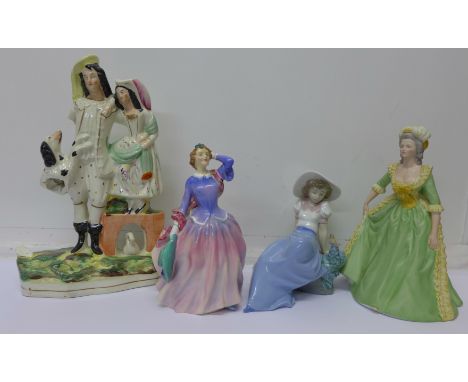 A Royal Doulton figure, Blithe Morning, HN2021, a Nao figure, a Franklin porcelain figure and a Staffordshire flatback figure