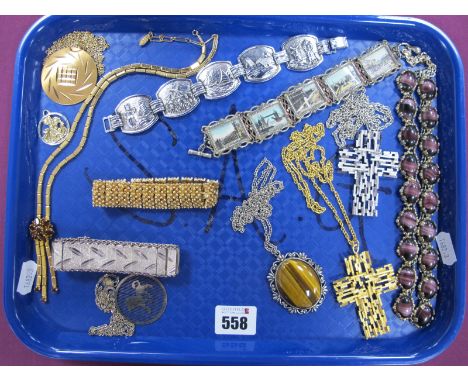 Vintage and Later Costume Jewellery, including London souvenir panel bracelet, tiger's eye pendant, on chain, Modernist style