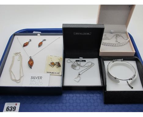 A Modern QVC Diamonique Bracelet, stamped "925", expanding bangle stamped "S925", pendants on chains etc :- One Tray  