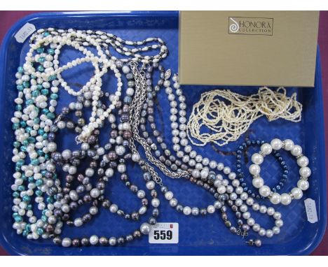 A Modern Honora Long Single Strand Fresh Water Pearl Bead Necklace, clasp stamped "925", together with further modern fresh w