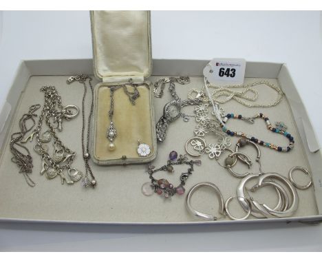 A Decorative Vintage Imitation Pearl Drop Pendant, on chain, together with a charm style necklace, ladies marcasite set wrist