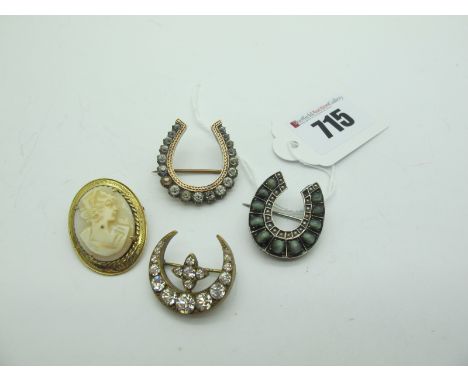 A Cat's Eye Cabochon and Seed Pearl Set Horseshoe Brooch, together with a colourless paste horseshoe brooch, a vintage cresce