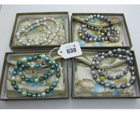 Four Modern Honora Pearl Bead Necklaces, three clasps stamped "925", each in original fabric pouch and box. 