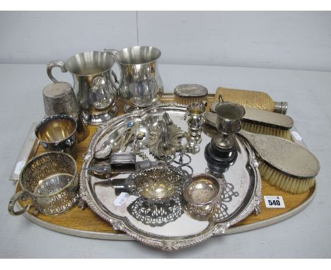 Assorted Plated Ware, including hallmarked silver backed brushes, a rattan covered hip flask, pewter mugs, miniature trophy c