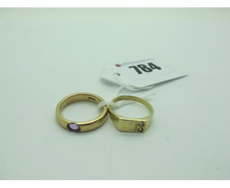 A Modern Single Stone Ring, rubover set (finger size M) (4grams); together with another ring. (2) 