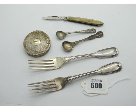 A Pair of Hallmarked Silver Fiddle and Thread Pattern Forks, WC, London 1826, crested (95grams); two plated salt spoons, a co