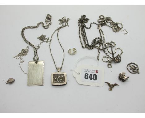 A Hallmarked Silver Rectangular Panel Pendant, assorted chains, charm pendants etc. 