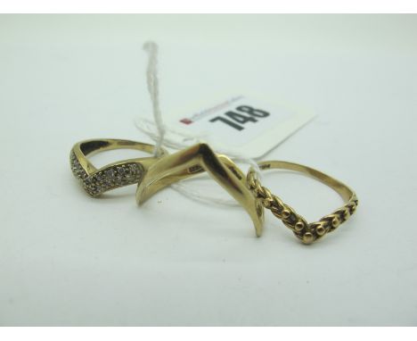 A Modern Wishbone Style Ring, with inset highlights, stamped "375" (finger size L); together with two further wishbone style 