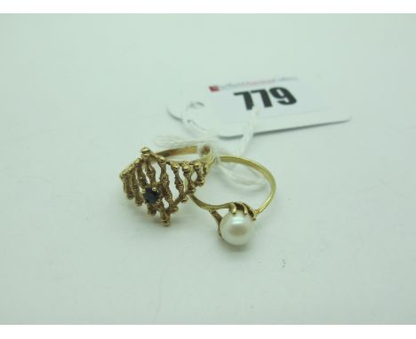 A 9ct Gold Dress Ring, of abstract openwork design (finger size N); a 9ct gold single pearl dress ring (4grams). (2) 