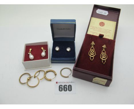 Past Times Earrings, of openwork design, stamped "375", imitation pearl drop earrings, assorted hoop earrings etc. 