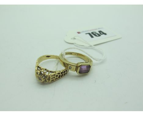 A Modern 9ct Gold Single Stone Ring, rubover set (finger size M); together with another 9ct gold ring (total weight 6grams). 