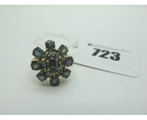 A Modern Gems TV 9ct Gold Russian Alexandrite Cluster Dress Ring, claw set (finger size N) (4.2grams). 