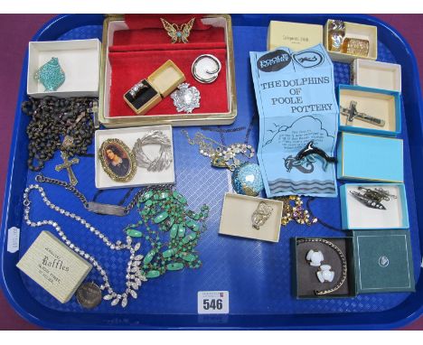 A Mixed Lot of Assorted Costume Jewellery, including Poole Pottery dolphin brooch vintage bead necklace and rosary beads, dia